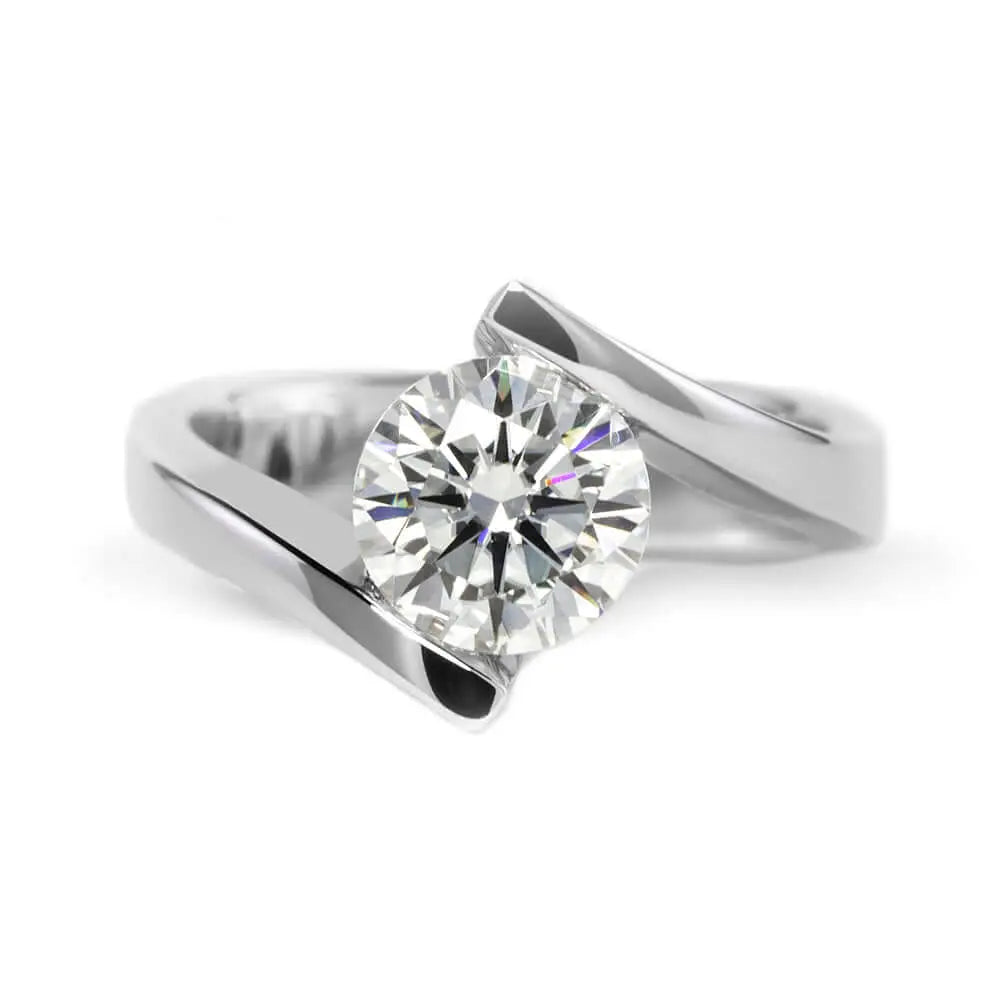 Aespa Round Moissanite Tension-Set Solitaire with Bypass Band Ring in 18K gold - LeCaine Gems