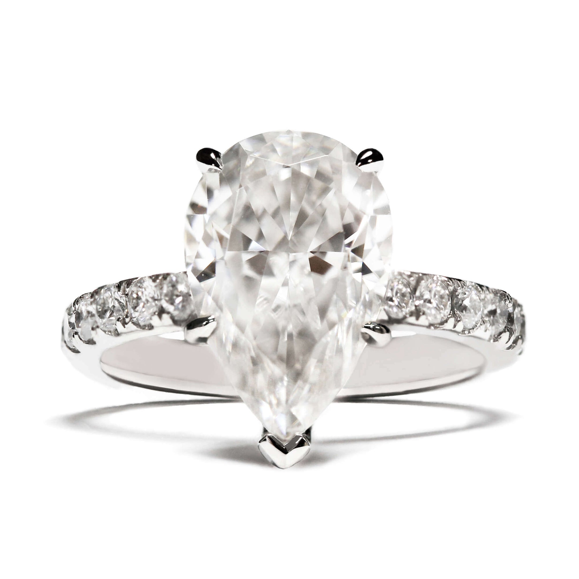 Nerissa Pear Moissanite Hidden Halo Accented with Pave Band Ring in 18K gold - LeCaine Gems