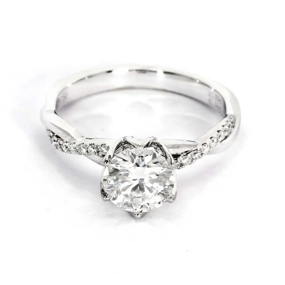 Elysia Round Moissanite with Twist Pave Band Ring in 18K Gold - LeCaine Gems