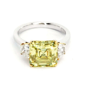 Frida Asscher Fancy Yellow Moissanite with Trapezoid Side Stone Trilogy Ring in 18K Gold - LeCaine Gems