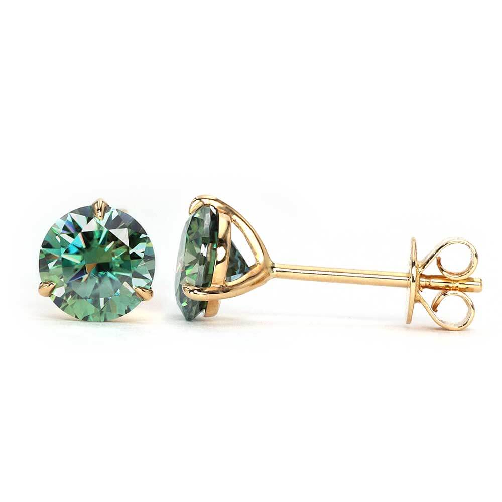 Green Moissanite Solitaire Earrings in 18K Solid Gold 3 Prong Martini Setting - LeCaine Gems
