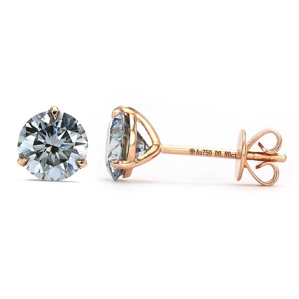 Grey Blue Moissanite Solitaire Earrings in 18K Solid Gold 3 Prong Martini Setting - LeCaine Gems