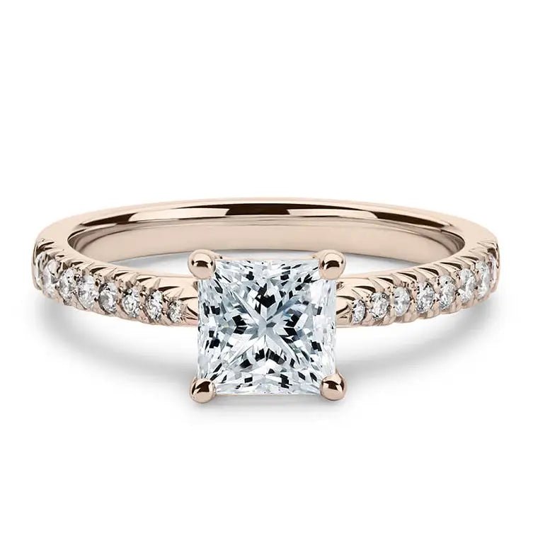 Kate Princess Moissanite with Tapered Pave Band Ring in 18K Rose gold - LeCaine Gems