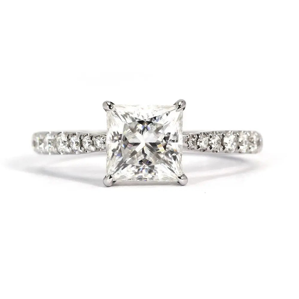 Kate Princess Moissanite with Tapered Pave Band Ring in 18K White gold - LeCaine Gems