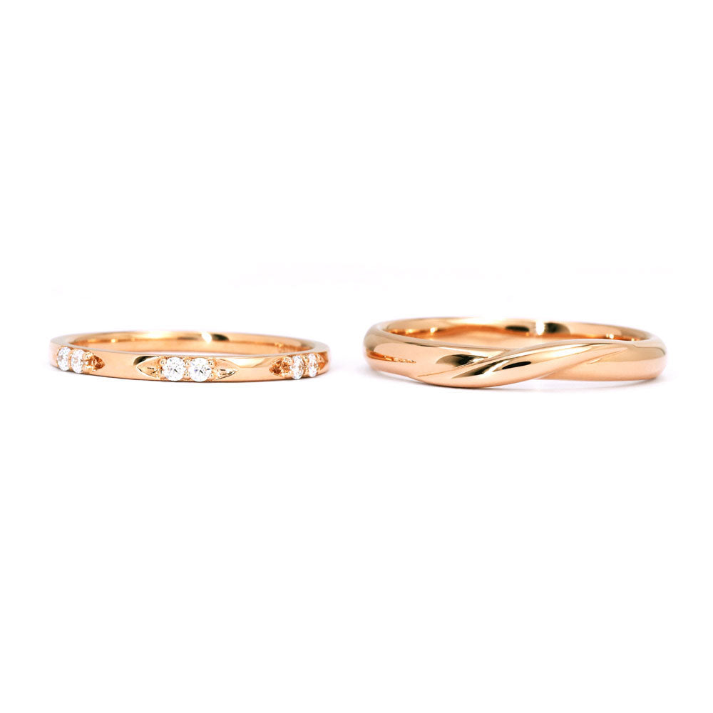 Kayla Round Moissanite Accented and Twist Design Wedding Rings in 18K gold - LeCaine Gems
