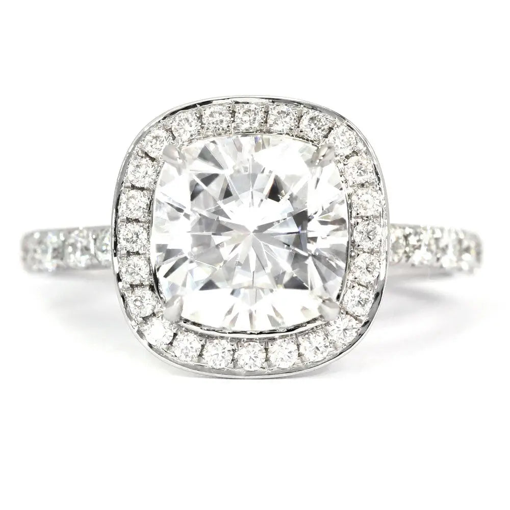 Lauren Cushion Moissanite with Halo in Pave Band Ring in 18K gold - LeCaine Gems