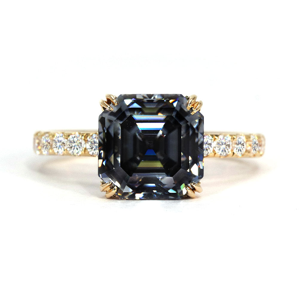 Marlow Asscher Grey Blue Moissanite with Pave Band Ring in 18K Gold - LeCaine Gems