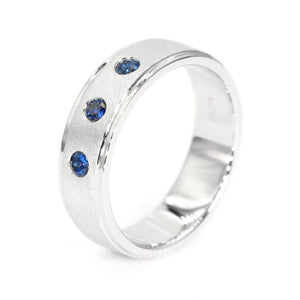 Melrose Moissanite and Blue Sapphire Wedding Rings in 18K gold - LeCaine Gems