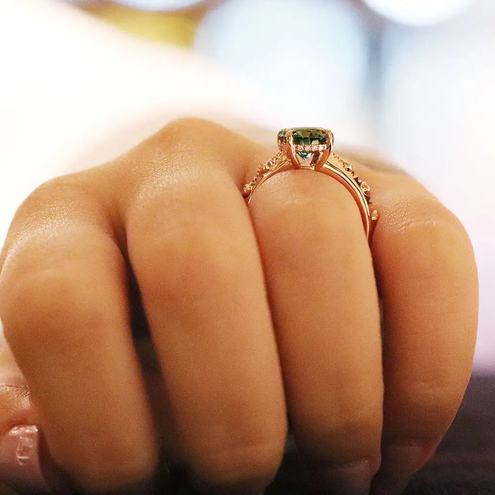 Nomiko Round Forest Green Moissanite with Decorative Band Ring in 18K gold - LeCaine Gems