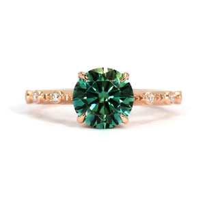 Nomiko Round Forest Green Moissanite with Decorative Band Ring in 18K gold - LeCaine Gems