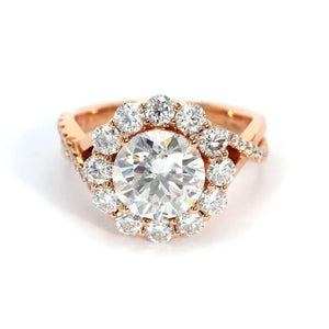 Pilar Round Moissanite with Halo with Twist Pave Band Ring in 18K gold - LeCaine Gems