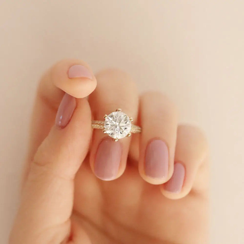 Queen Myka Round Moissanite with Knife Edge Pave Band Ring in 18K gold - LeCaine Gems