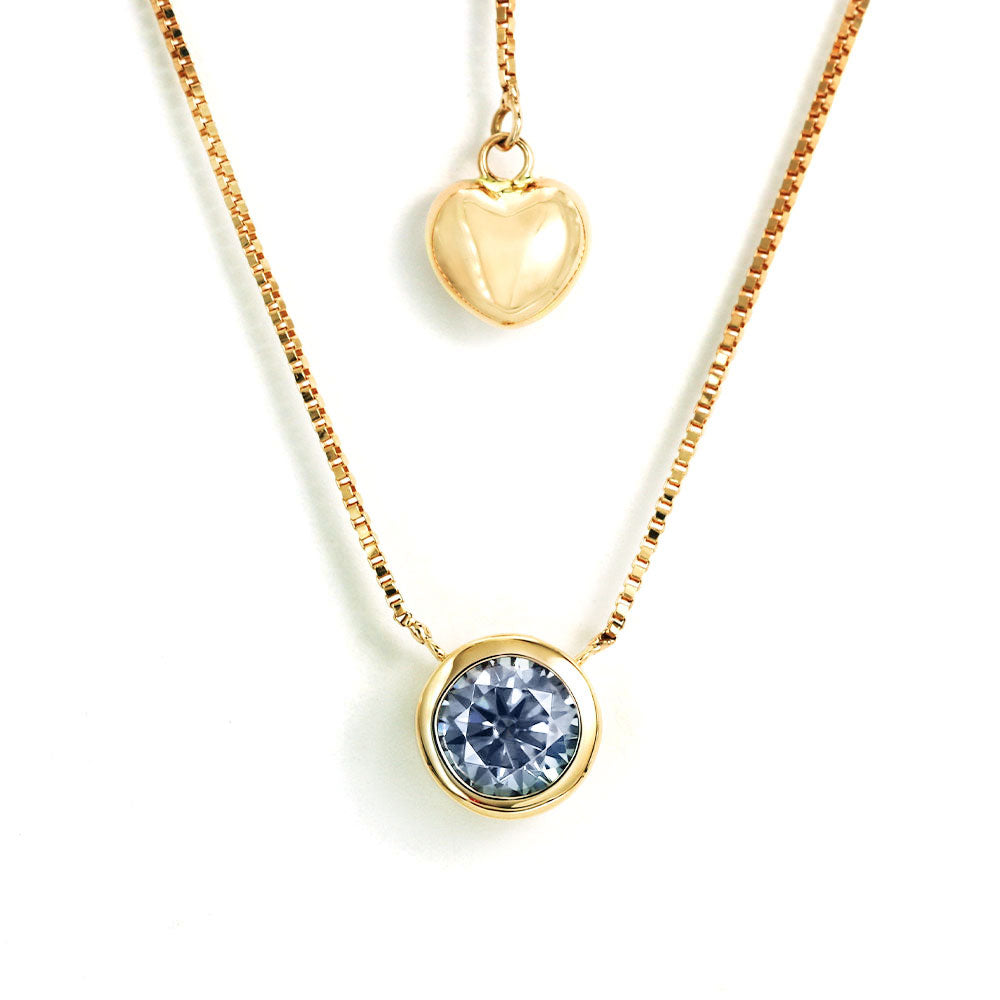 Ready Made | 0.5 Carat Light Blue Grey Moissanite Round Solitaire Bezel 18K Yellow Gold Pendant with Heart Chain - LeCaine Gems