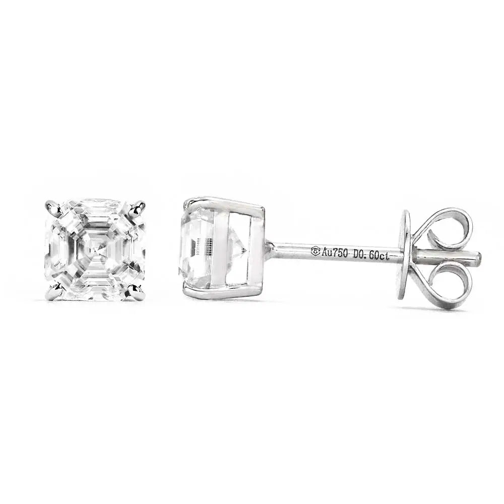 Ready Made | 0.6 Carat Asscher Moissanite 18K White Gold Stud Earrings With Basket Setting - LeCaine Gems