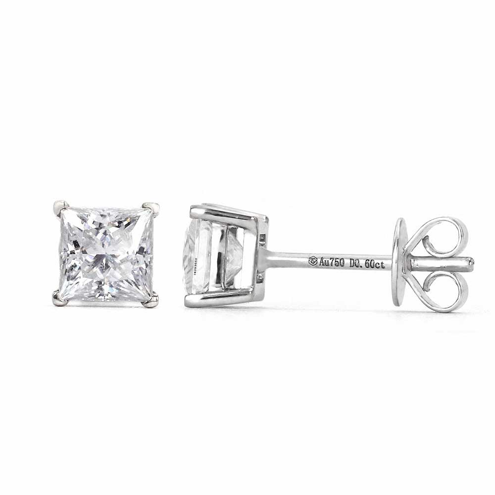 Ready Made | 0.6 Carat Princess Moissanite Solitaire Stud Earrings in 18K White Gold - LeCaine Gems