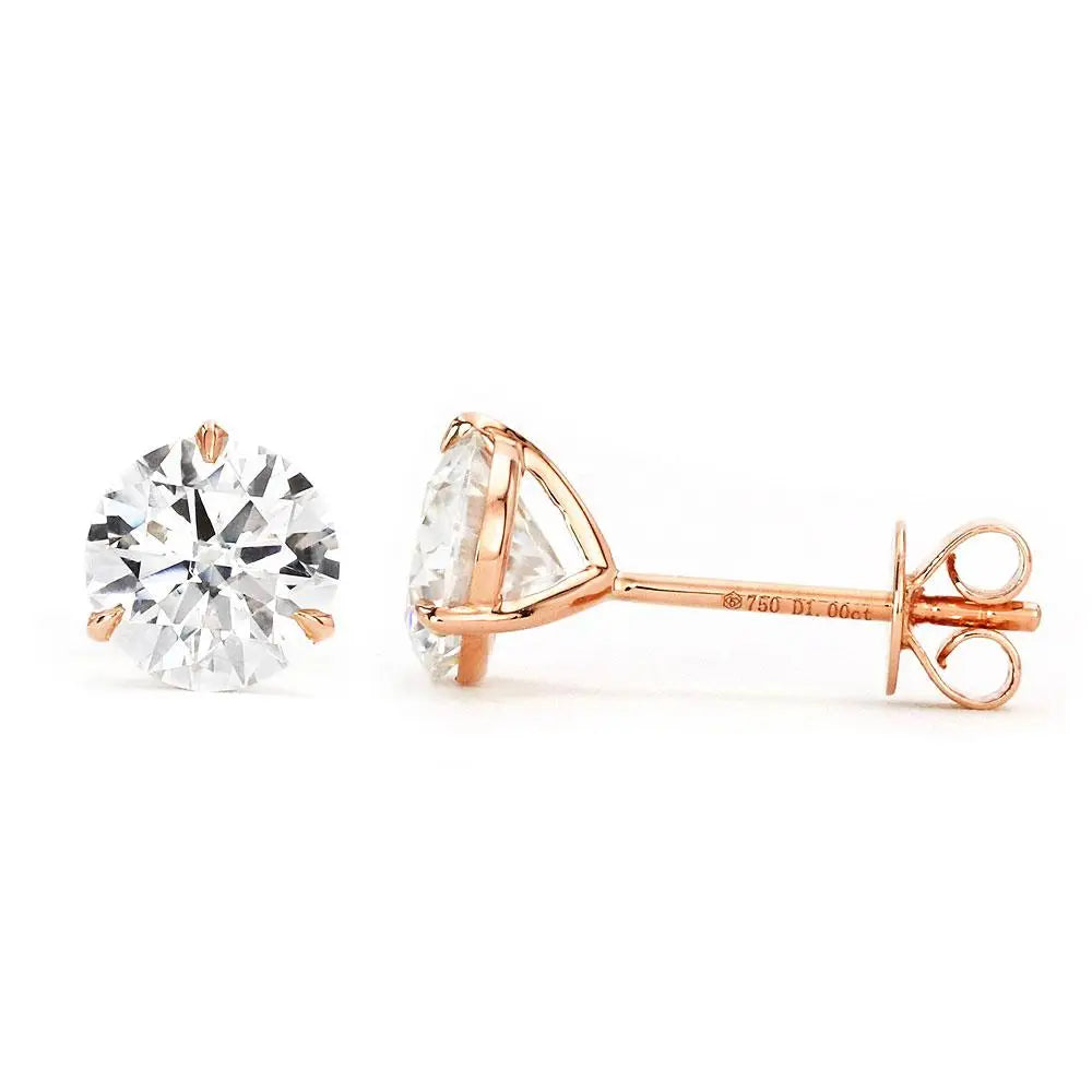Ready Made | 0.8 Carat Moissanite Solitaire Earrings in 18K Solid Rose Gold 3 Prong Martini Setting - LeCaine Gems