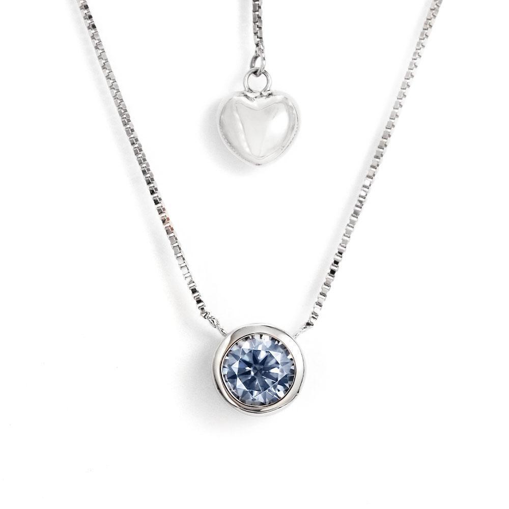 Ready Made | 1 Carat Light Blue Grey Moissanite Round Solitaire Bezel 18K White Gold Pendant with Heart Chain - LeCaine Gems