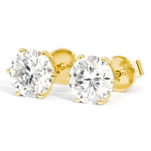 Ready Made | 2 Carat Moissanite Solitaire Earrings in 18K Yellow Gold 6 Prongs Basket Setting - LeCaine Gems