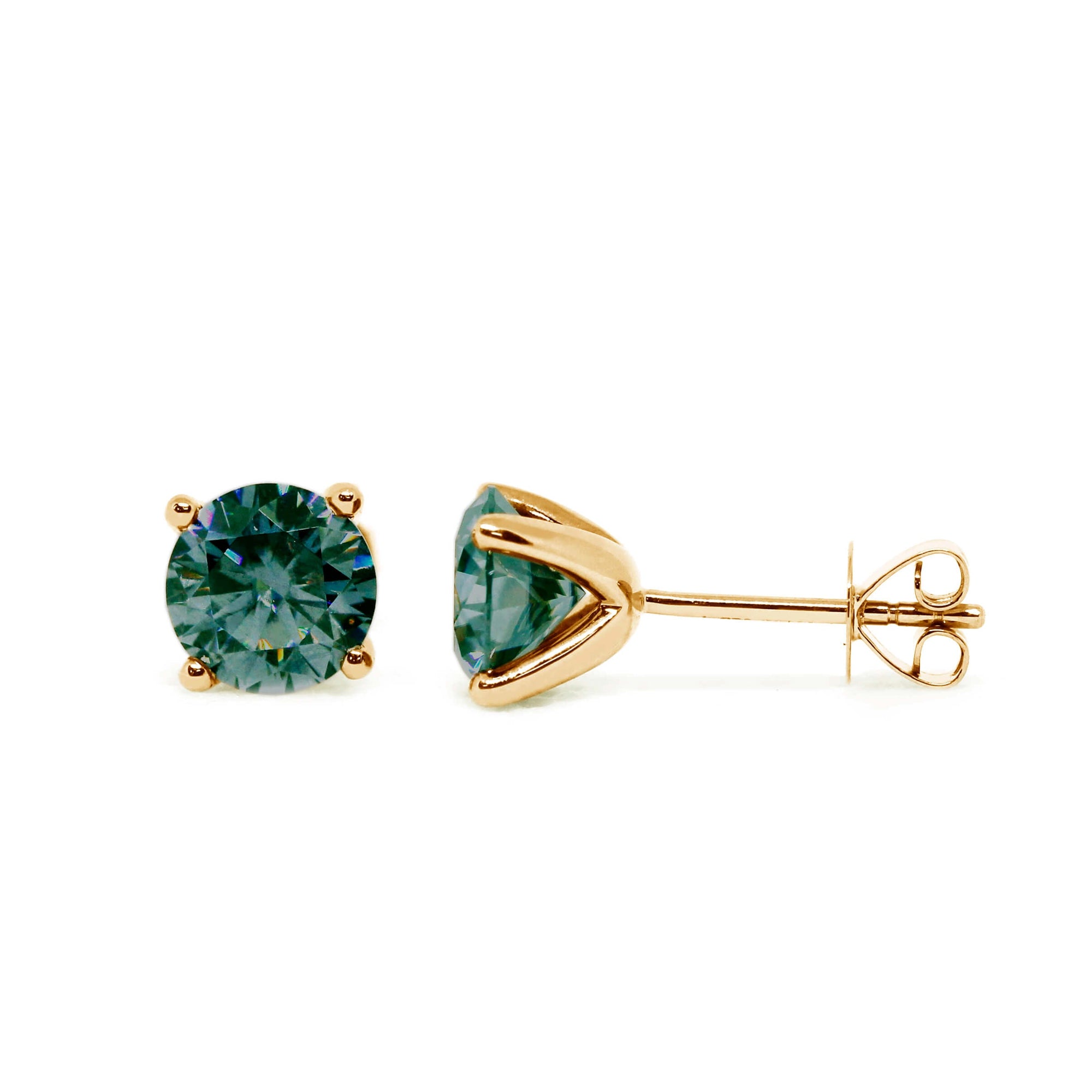 Round Forest Green Moissanite Solitaire in 4 Prong Setting Stud Earrings in 18K gold - LeCaine Gems