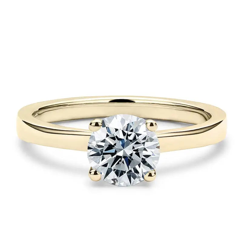 Round Moissanite Solitaire in 4 Prong Setting with Flat Band Ring in 18K Yellow gold - LeCaine Gems