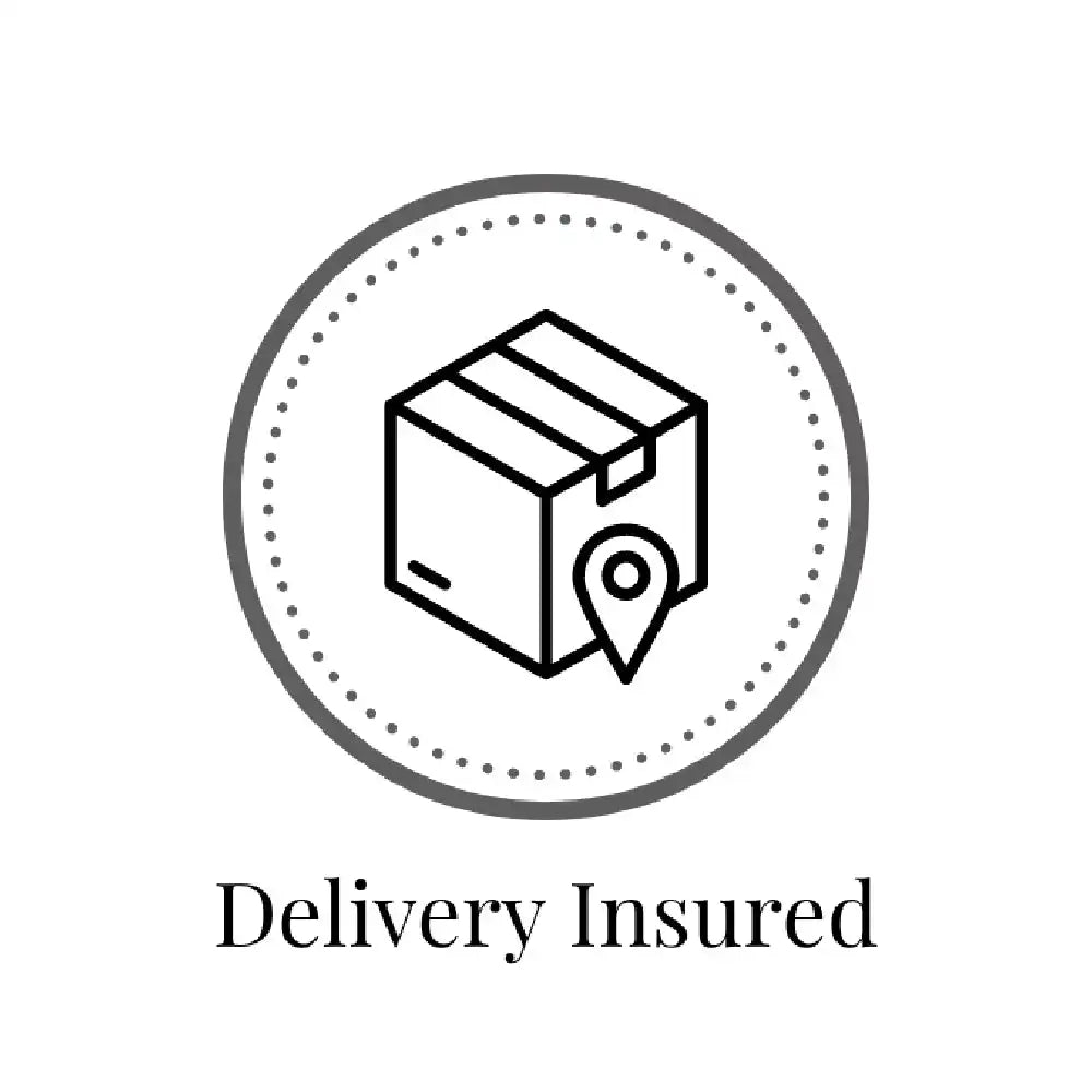 Simple line icon of a shipping box with a location pin marker in a circular frame.
