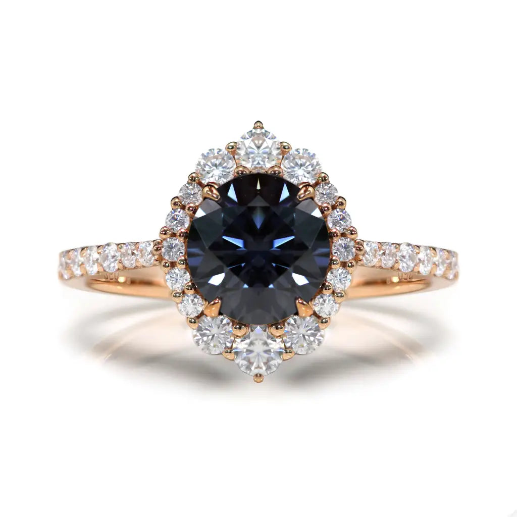 Tatiana Round Moissanite with Decorative Halo and Pave Band Ring in 18K gold - LeCaine Gems