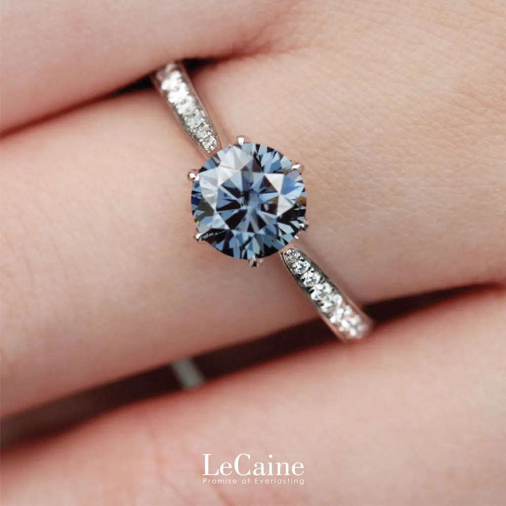 Venn Round Blue Grey Moissanite with Pave Band Ring in 18K Gold - LeCaine Gems