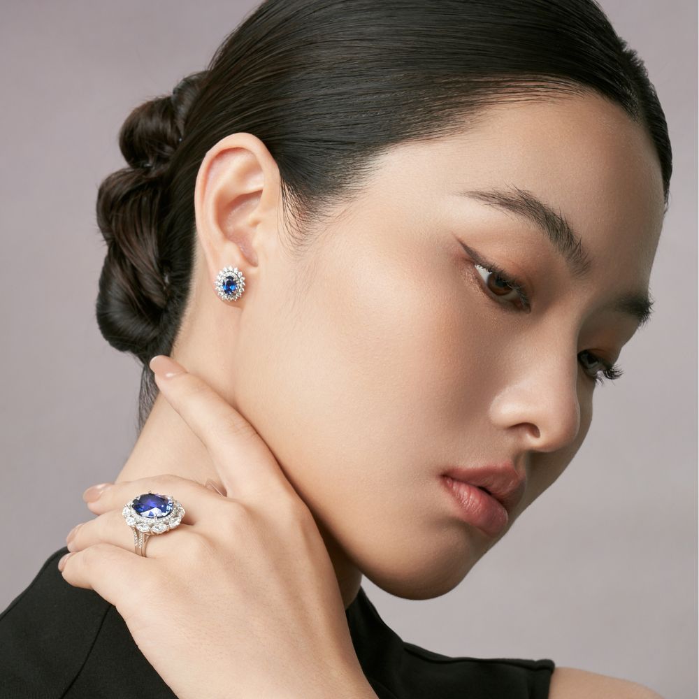 Royal Blue Sapphire Halo Earrings RE-02 | Jewelry Rental - LeCaine Gems