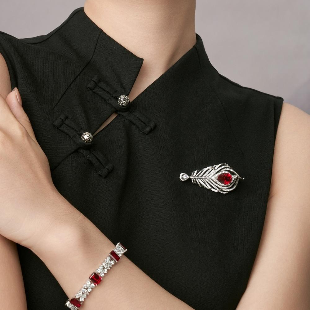 Ruby Peacock Feather Brooch RBR-01 | Jewelry Rental - LeCaine Gems