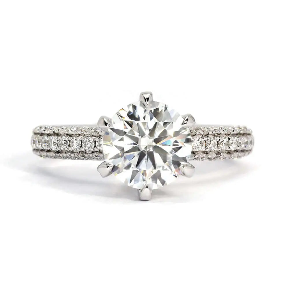 Elizabeth Round Moissanite with Accented Crown Setting in Micro Pave Band Ring in 18K gold - LeCaine Gems