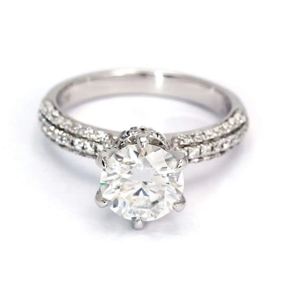 Elizabeth Round Moissanite with Accented Crown Setting in Micro Pave Band Ring in 18K gold - LeCaine Gems