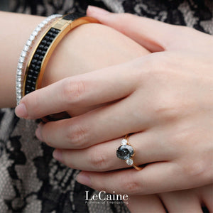 3-Stone Engagement Ring with 1.5 Carat Oval Grey Moissanite 18K Yellow Gold - LeCaine Gems