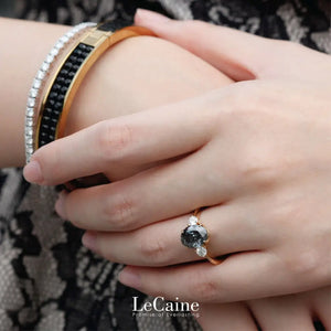 3-Stone Engagement Ring with 1.5 Carat Oval Grey Moissanite 18K Yellow Gold - LeCaine Gems