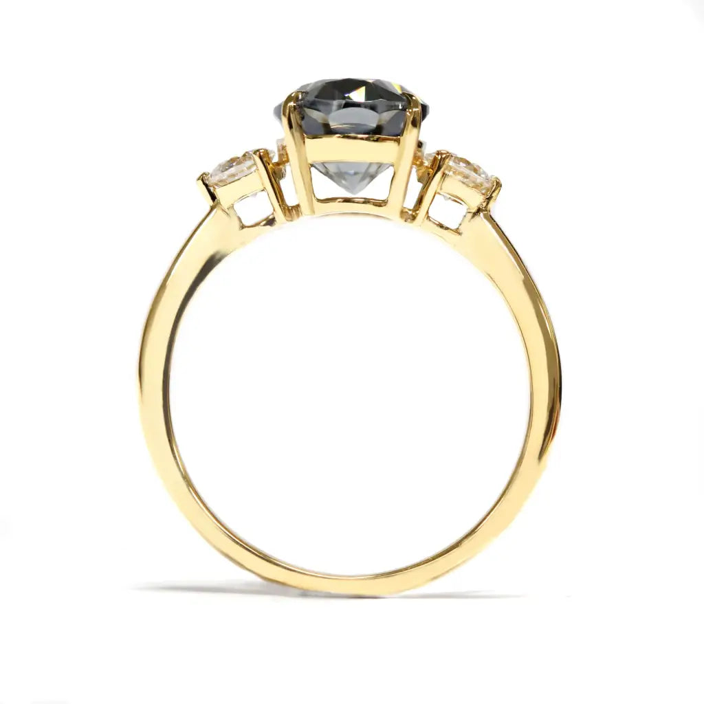 3-Stone Engagement Ring with 1.5 Carat Oval Grey Moissanite 18K Yellow Gold - LeCaine Gems