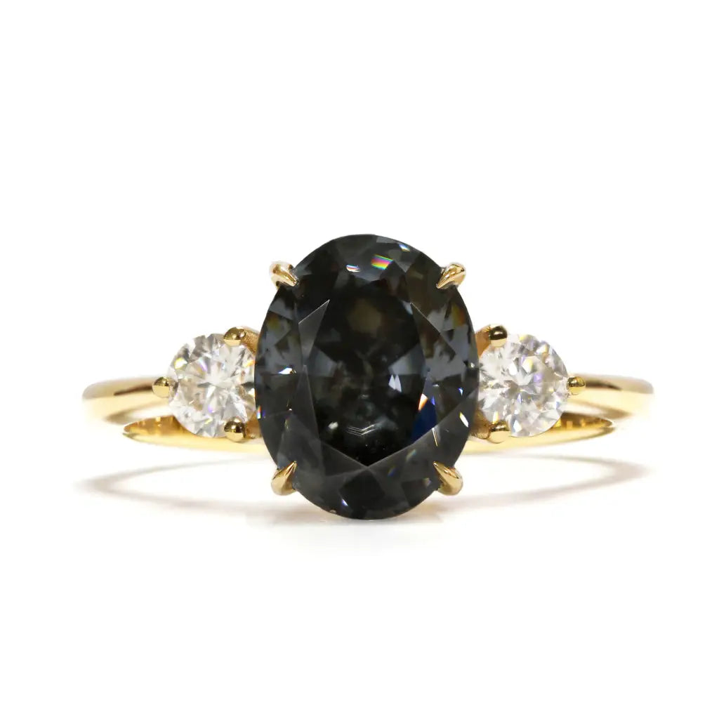 3-Stone Engagement Ring with 1.5 Carat Oval Grey Moissanite 18K Yellow Gold - LeCaine Gems