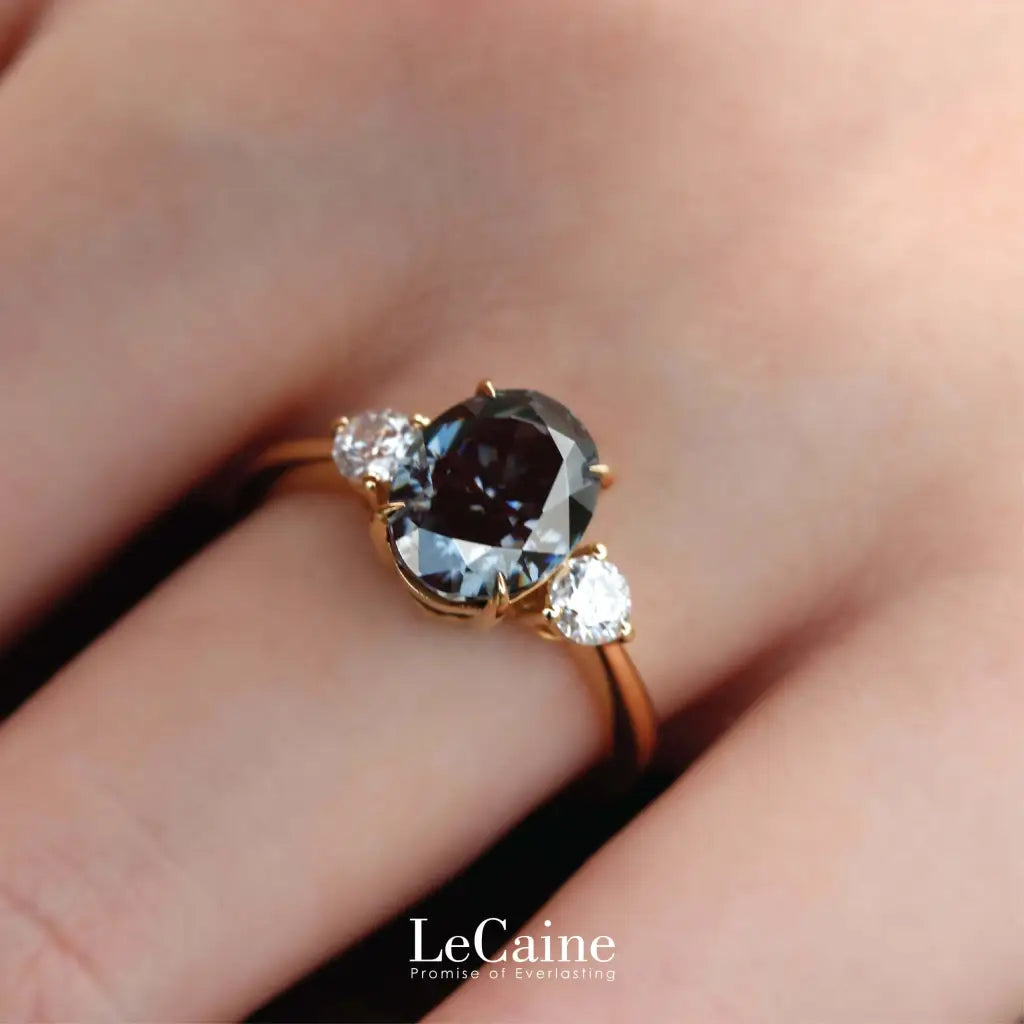 3-Stone Engagement Ring with 1.5 Carat Oval Grey Moissanite 18K Yellow Gold - LeCaine Gems