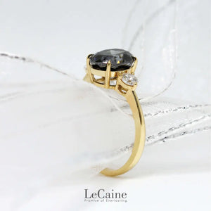 3-Stone Engagement Ring with 1.5 Carat Oval Grey Moissanite 18K Yellow Gold - LeCaine Gems