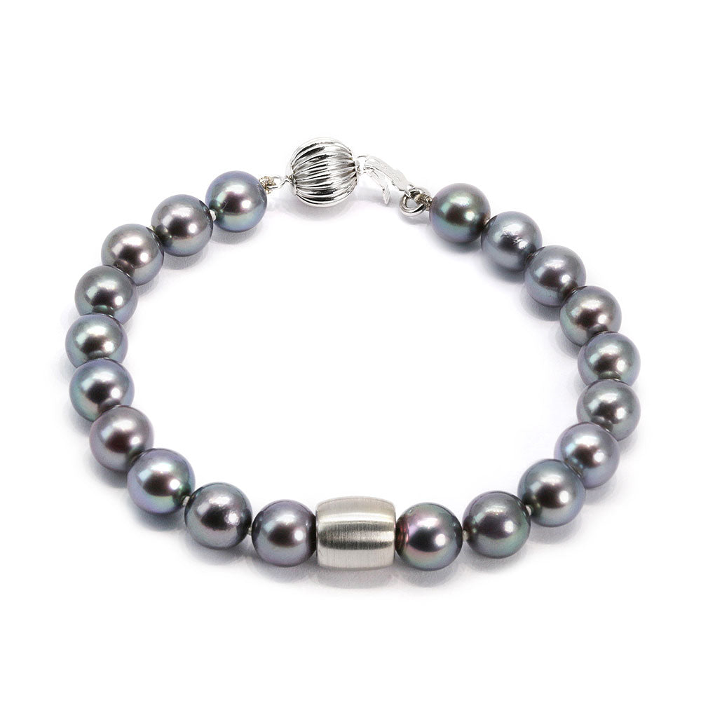 Enhanced Black Akoya Pearl Bracelet, Strip Clasp, Oblong Spacer  | LeCaine Gems