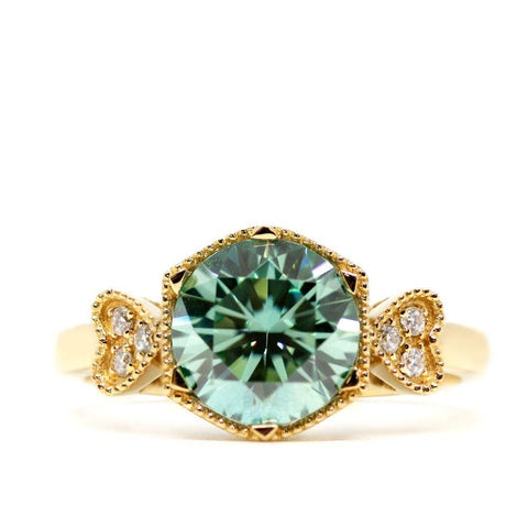 Linnet Mint Green Moissanite With Side Stones in 18k Yellow Gold Art Deco Ring