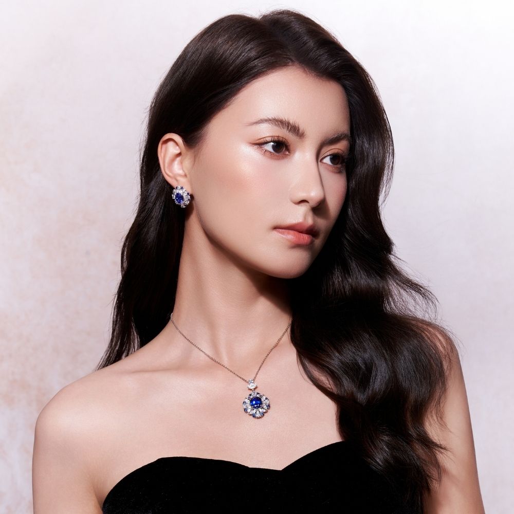 Royal Blue Sapphire Halo Necklace RN-01 | Jewelry Rental - LeCaine Gems
