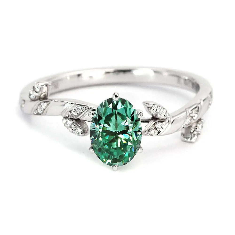 Acacia Oval Forest Green Solitaire Moissanite Ring in 18K Gold - LeCaine Gems