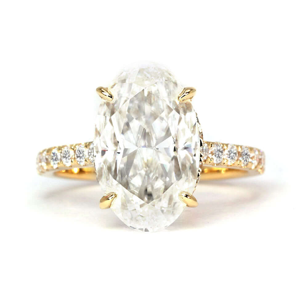 Alexa Oval Crushed Ice Moissanite with Pave Band Ring in 18K Gold - LeCaine Gems