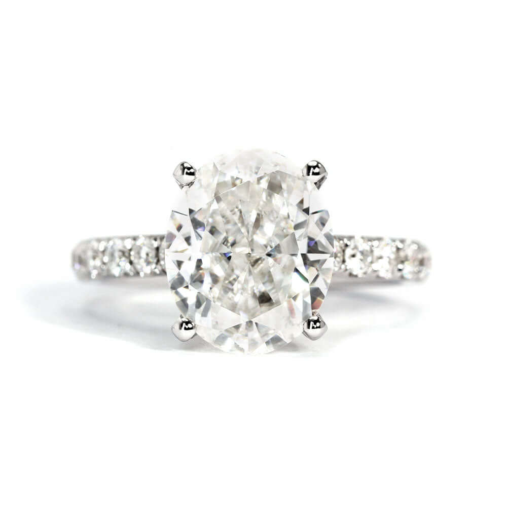 Alexandria Oval Moissanite with Hidden Accents in Pave Band Ring in 18K gold - LeCaine Gems