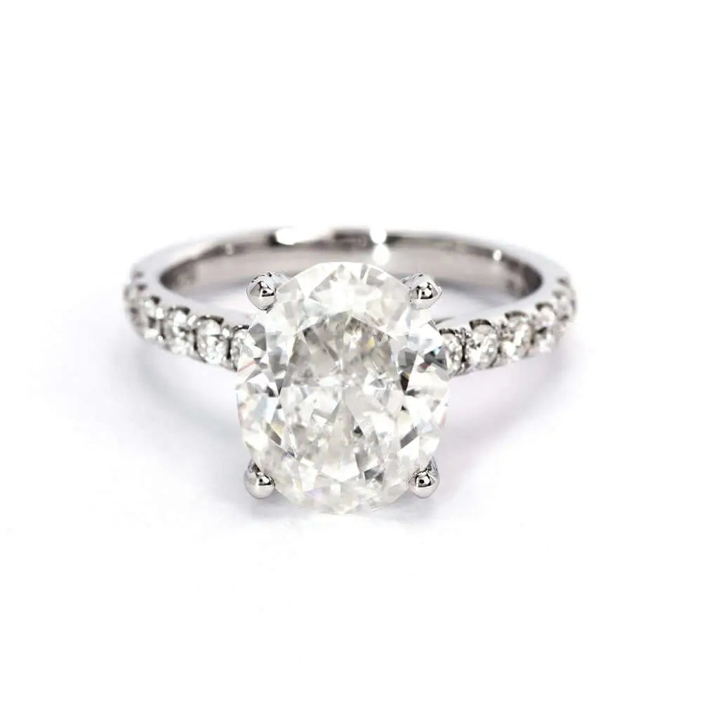 Alexandria Oval Moissanite with Hidden Accents in Pave Band Ring in 18K gold - LeCaine Gems