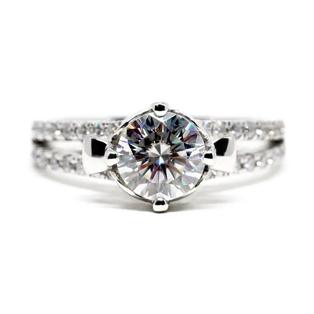 Amore Round Moissanite with Decorative Crown Setting in Pave Split Shank Ring in 18K gold - LeCaine Gems