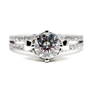 Amore Round Moissanite with Decorative Crown Setting in Pave Split Shank Ring in 18K gold - LeCaine Gems