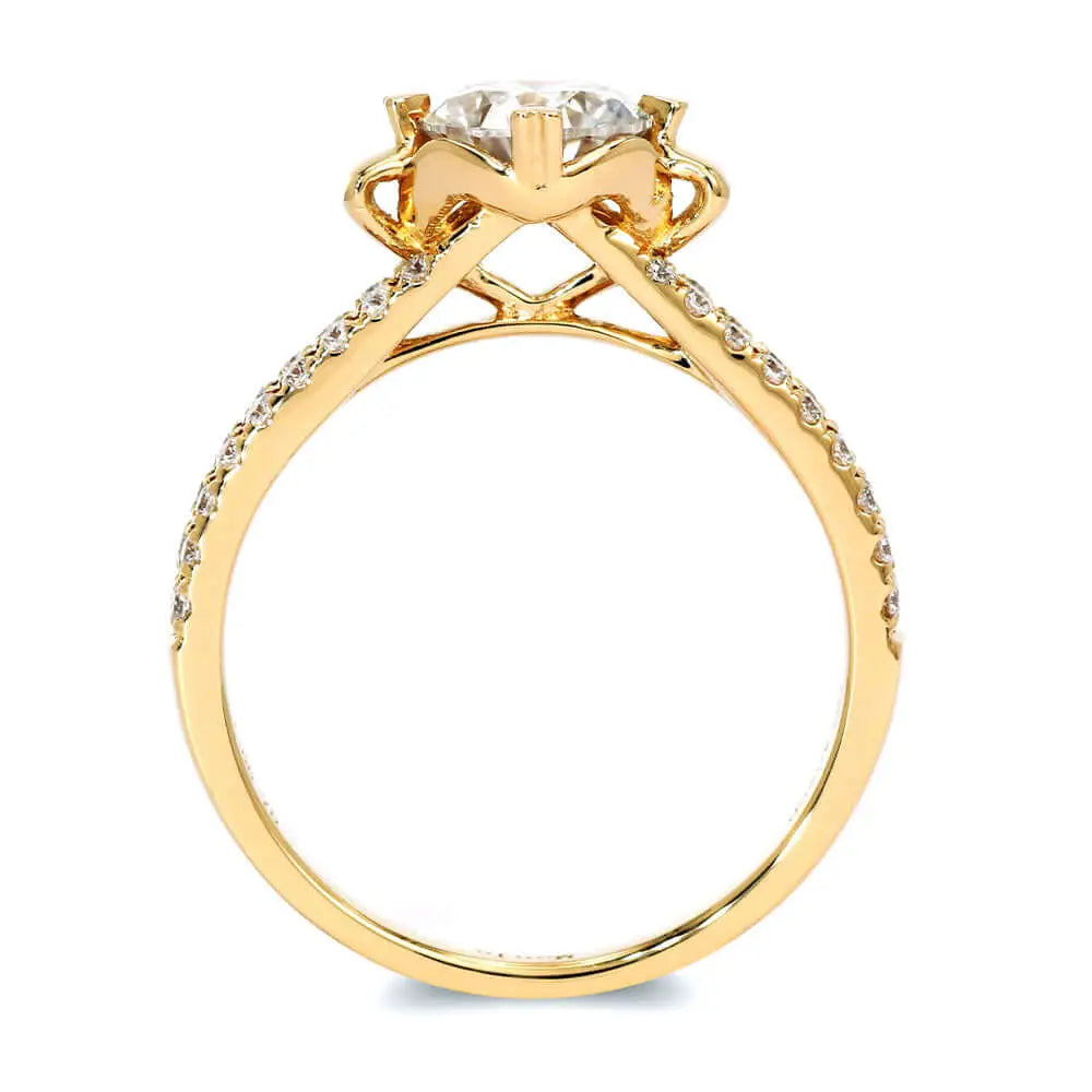 Amore Round Moissanite with Decorative Crown Setting in Pave Split Shank Ring in 18K gold - LeCaine Gems