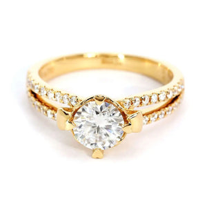 Amore Round Moissanite with Decorative Crown Setting in Pave Split Shank Ring in 18K gold - LeCaine Gems