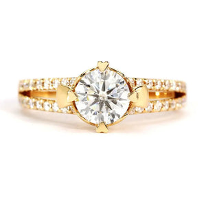 Amore Round Moissanite with Decorative Crown Setting in Pave Split Shank Ring in 18K gold - LeCaine Gems