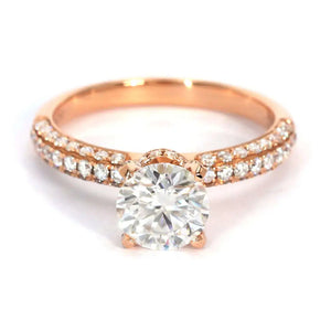 Anne Round Moissanite with Accented 4 Prong Setting in Pave Band Ring in 18K gold - LeCaine Gems